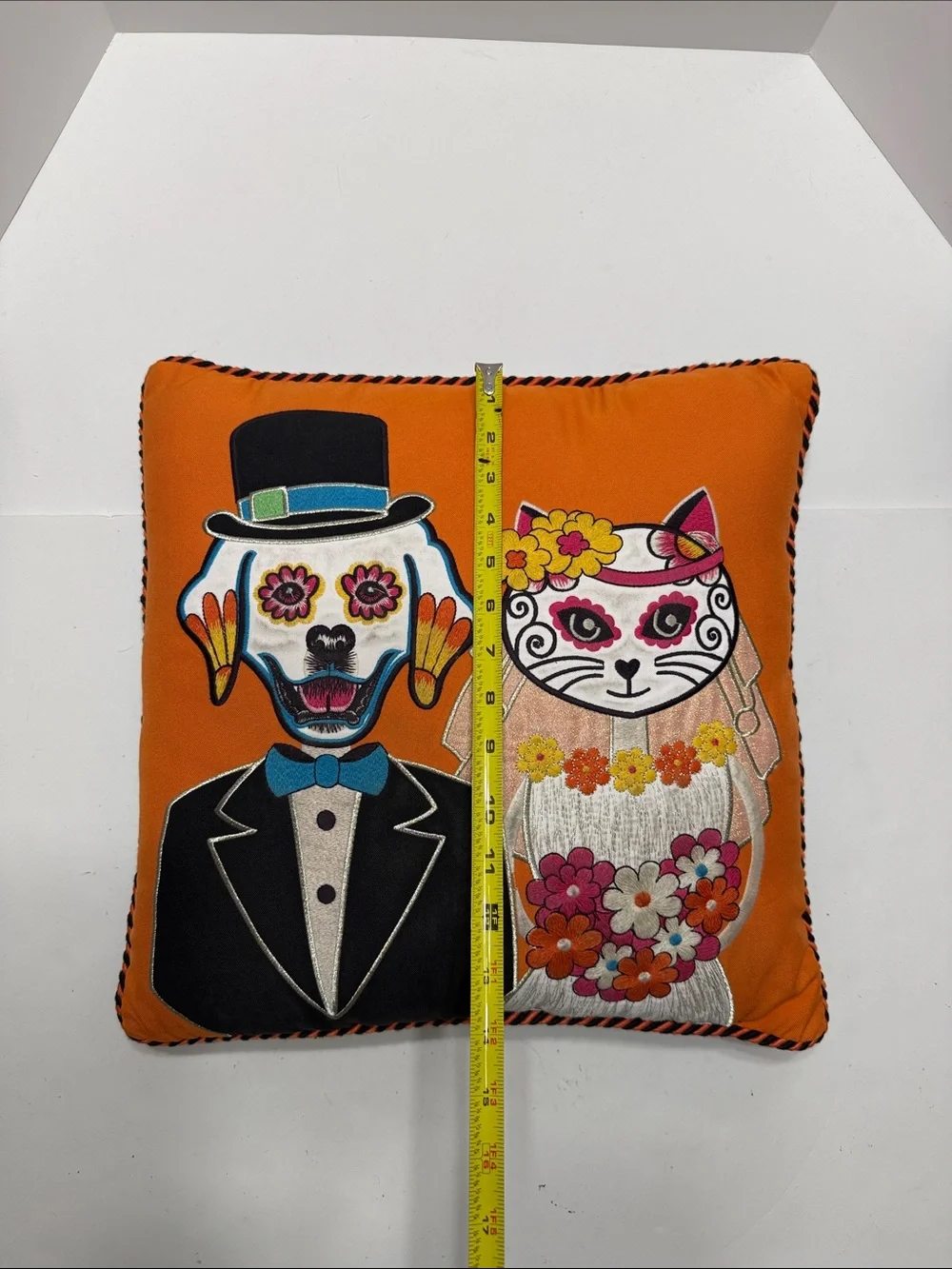Day of the Dead Couple Embroidered Orange Accent Pillow